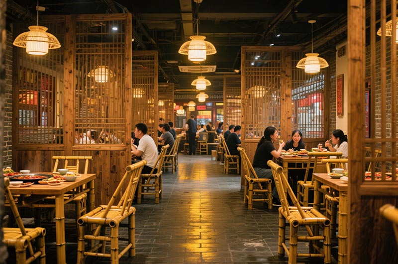 采用竹、木、青磚等傳統(tǒng)材質(zhì)的火鍋店裝修效果圖